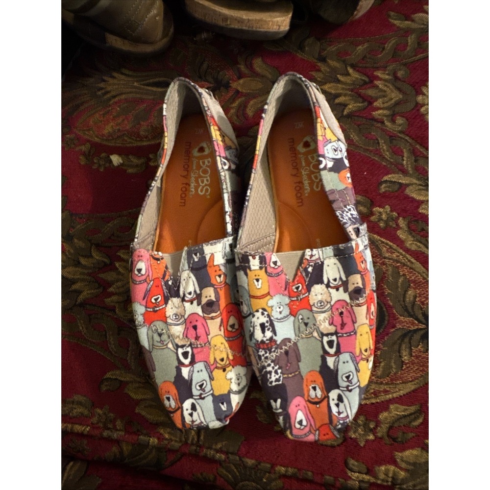 B35 SKECHERS BOBS Plush Wag Party Womens 7 Shoes Multicolor Cartoon Dog Face